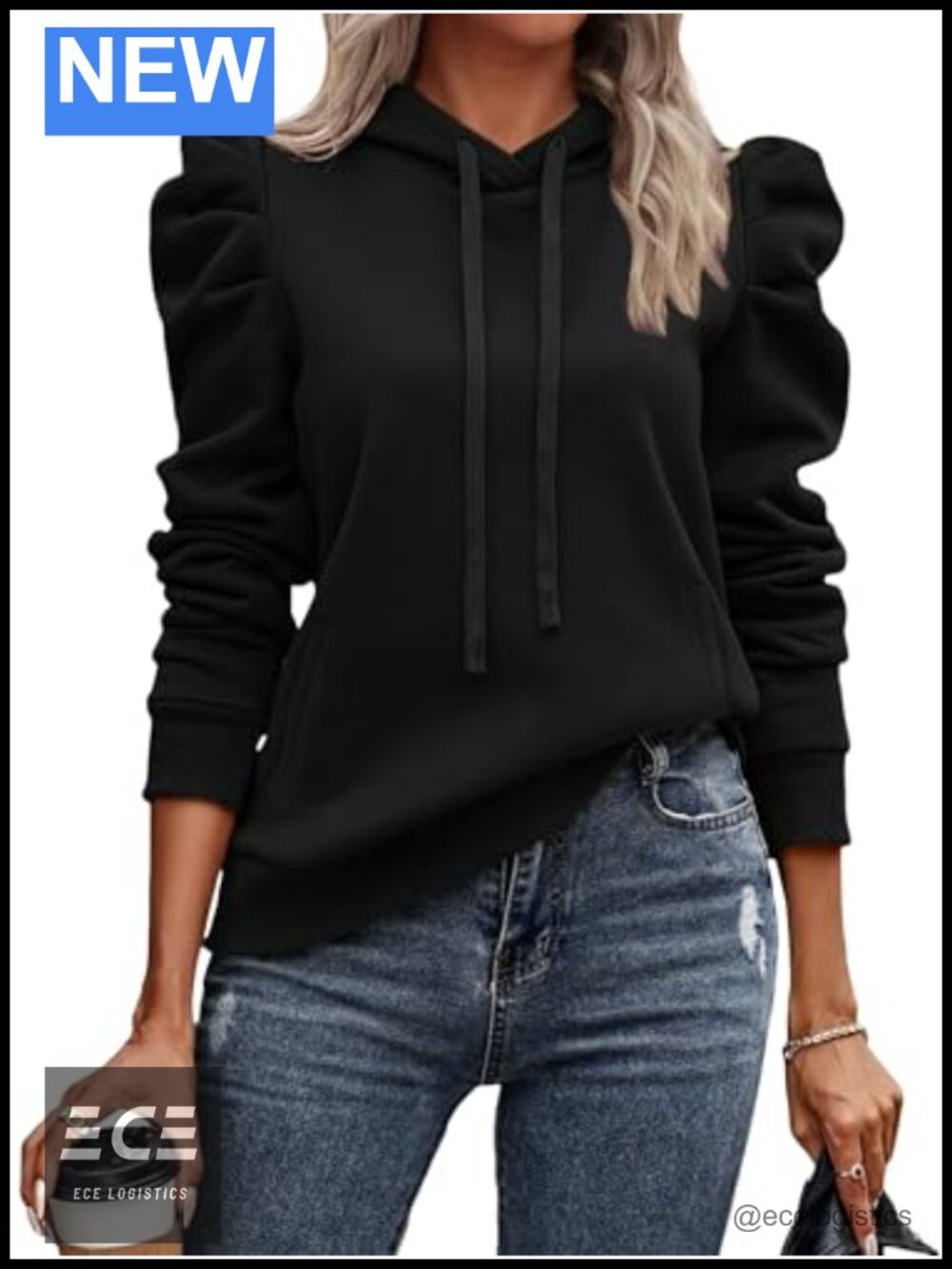Puff Sleeve Drawstring Pullover Hoodie Sweatshirt